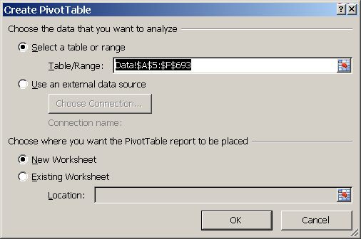 Microsoft Excel, Create Pivot Table dialog box