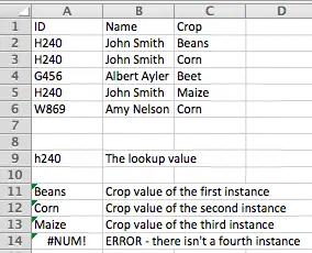 Excel INDEX function find values in a table