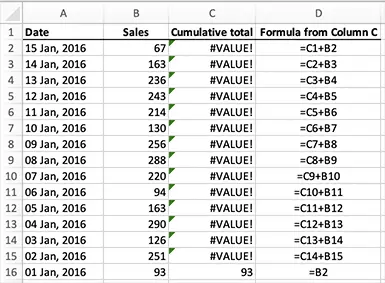 Excel - calculating a running total for a column of cells with a simple addition formula - broken by sorting by sales from highest to lowest
