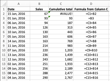 Excel - calculating a running total for a column of cells with a simple addition formula - broken by sorting by sales from lowest to highest