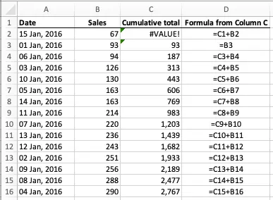 Excel - calculating a running total for a column of cells with a simple addition formula - broken by sorting by sales from lowest to highest