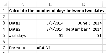 Excel formula to calculate the number of days between two dates