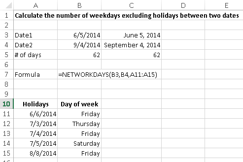 Excel - use the NETWORKDAYS formula to calculate the working days between two dates, excluding holidays