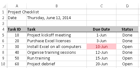 Excel Conditional Formatting, date and status rule applied