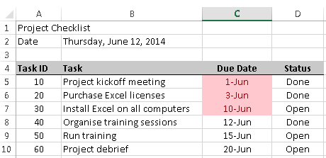 Excel conditional formatting example with a past-due date format applied