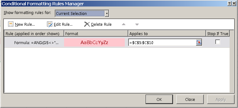 Excel Conditional Formatting, Rule Manager showing a Formula rule