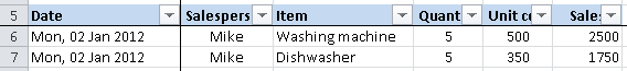 Excel data table with Autofilter enabled