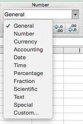 The Excel Number format options list