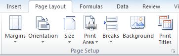 Excel Page Setup options on the Page Layout ribbon bar