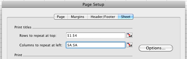 Excel for Mac Print Titles selection with example values entered