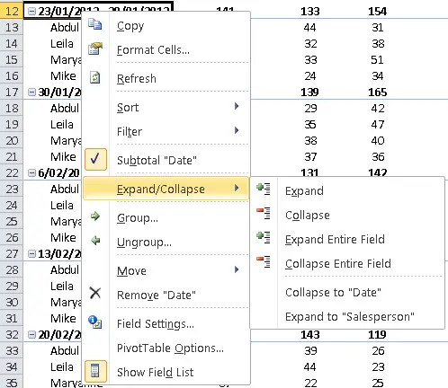 Excel Pivot Table choosing options to expand or collapse individual fields or all fields in a group