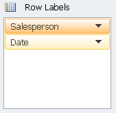 Excel Pivot table field layout showing salesperson first, then date