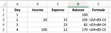 Excel worksheet example showing a running balance