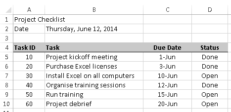 Excel conditional formatting lesson, sample project checklist spreadsheet