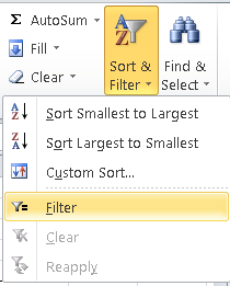 Excel, choosing the Filter option from the Sort and Filter menu, in order to enable Autofilter