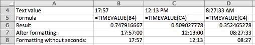 Excel, using the TIMEVALUE function to convert text to time values
