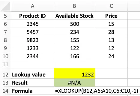 Excel XLOOKUP - sample data table for calculations