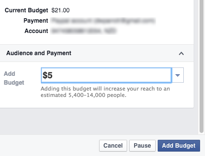 Facebook - add budget to a boosted post