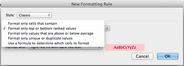 Microsoft Excel for Mac, configuring a conditional formatting rule based on a formula