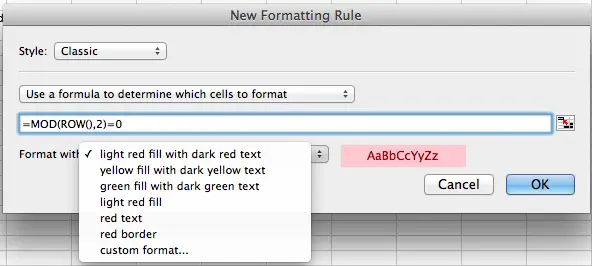 Microsoft Excel for Mac, conditional formatting based on a formula