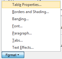 Microsoft Word - Format menu with the Table properties field selected