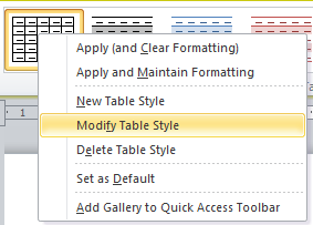 Microsoft Word, modify table style dropdown from table design toolbar
