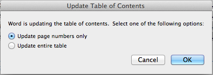 Microsoft Word table of contents update options