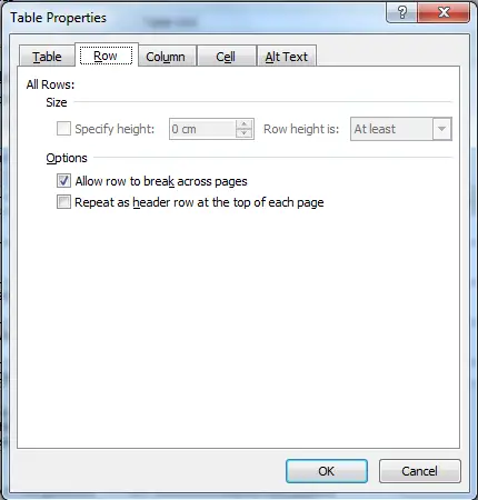 Microsoft Word table properties, with the Row tab selected to allow row breaking and repeating options to be set