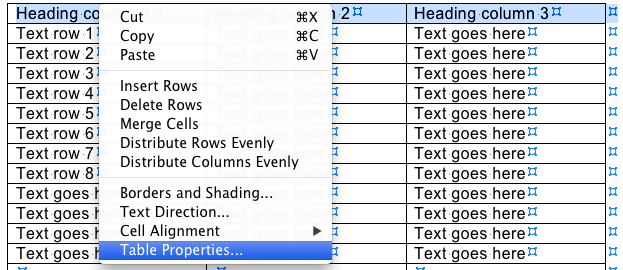 Selecting Table Properties for a table in Microsoft Word